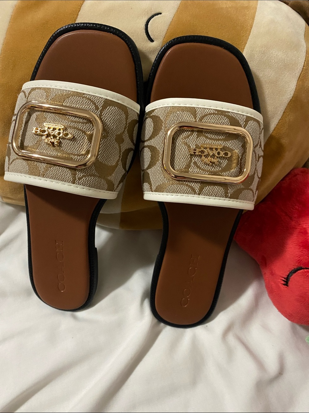 Coach Tan/Brown Logo Jacquard Slide Sandals with Gold Buckle